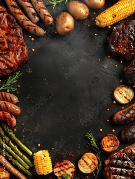 Fototapeta Grilled meats and vegetables frame with potatoes, sausages, and corn on a rustic black background