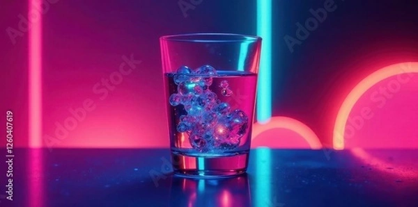 Fototapeta Glass of water, vibrant neon glow, geometric shapes , power, minimal, design
