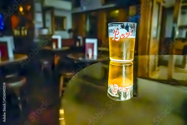 Fototapeta A glass of beer on the table. Bar in the blurred background with no people. 09/03/2024