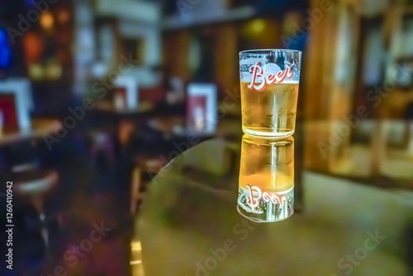 Fototapeta A glass of beer on the table. Bar in the blurred background with no people. 09/03/2024