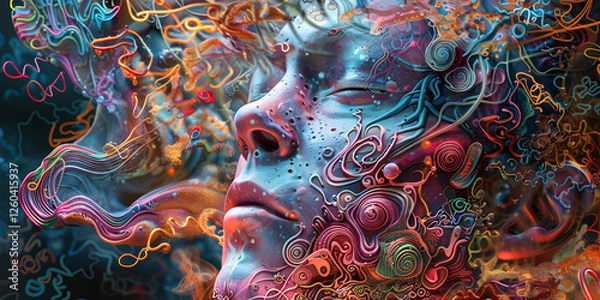 Obraz Abstract artistic image of human face with swirling patterns and colors, Futuristic digital art of human face with glowing patterns and shapes
