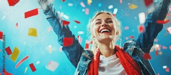 Fototapeta Cheering young woman celebrating with confetti and flags in a vibrant sports atmosphere with space for text.
