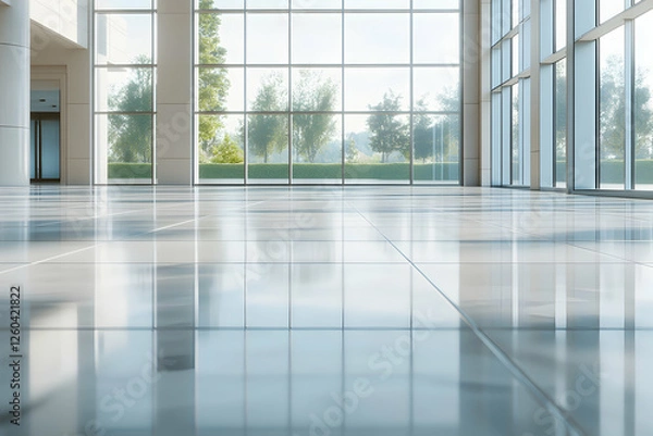 Obraz Modern office lobby with expansive windows showcasing a tranquil outdoor landscape.  Ideal for corporate and architectural imagery.