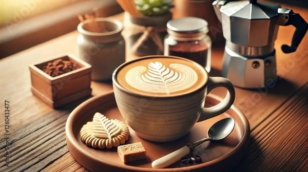Obraz Creamy cappuccino with intricate latte art, served with a cookie on a wooden table with rustic decor
