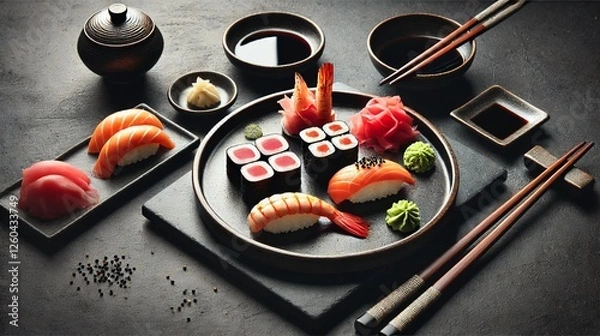 Obraz Beautifully plated sushi assortment with salmon, tuna, shrimp, and maki rolls, served with soy sauce and wasabi
