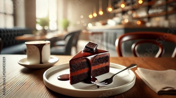 Fototapeta Decadent chocolate cake slice with glossy ganache topping, served in a cozy café setting