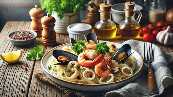 Obraz A gourmet seafood pasta dish with shrimp, mussels, and squid, garnished with fresh parsley and served with olive oil.