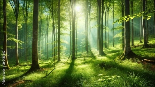 Obraz A serene green forest with tall trees and sun rays filtering through the foliage, creating a peaceful and natural atmosphere.