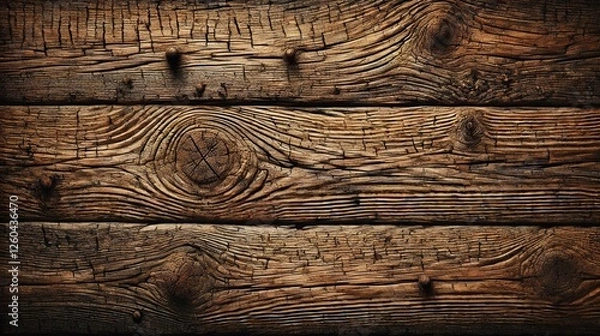 Fototapeta Close-up of a rustic wooden texture with rich details, natural cracks, and warm earthy tones.
