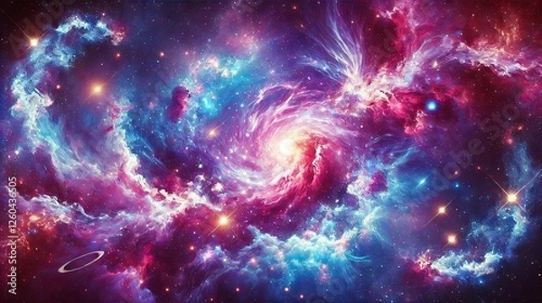 Obraz Cosmic galaxy background featuring vibrant nebula clouds, glowing stars, and a deep space vortex.