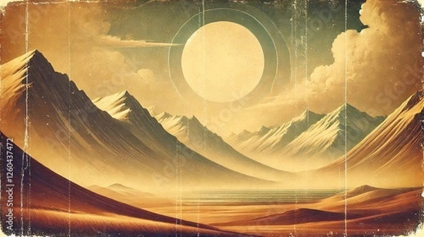 Fototapeta Retro vintage background featuring a fantasy mountain landscape with a large sun and textured aged effects