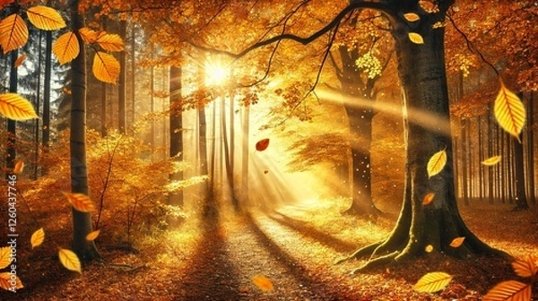 Fototapeta Autumn forest background with golden leaves, warm sunlight, and a scenic pathway through the woods.