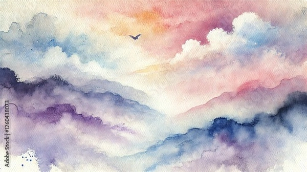 Obraz  A high-resolution watercolor background with soft pastel tones, depicting a dreamy mountain landscape with mist and a flying bird