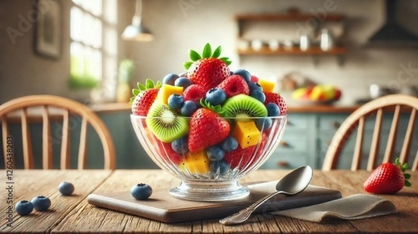 Fototapeta A fresh fruit salad with strawberries, blueberries, kiwi, and mango in a glass bowl, placed on a rustic wooden table in a cozy kitchen with natural light