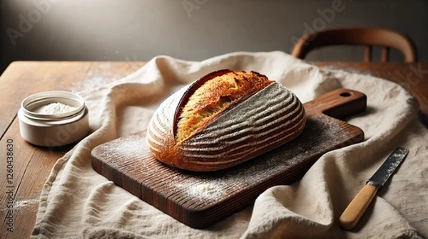 Obraz A rustic loaf of freshly baked sourdough bread with a crispy crust, placed on a wooden cutting board, dusted with flour, creating a warm and cozy baking scene