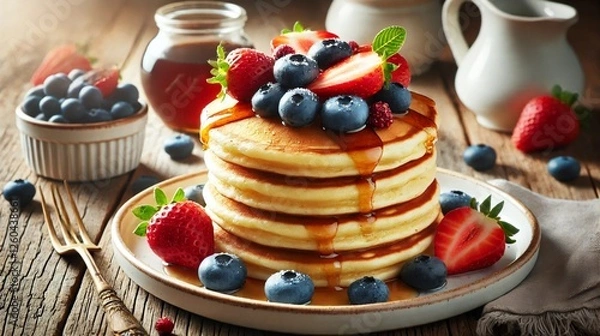 Fototapeta A stack of fluffy golden pancakes topped with fresh strawberries, blueberries, and maple syrup on a rustic wooden table, creating a delicious breakfast scene.


