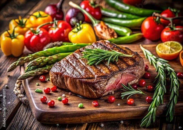 Fototapeta Juicy Grilled Steak on a Rustic Wooden Board with Herbs and Roasted Vegetables