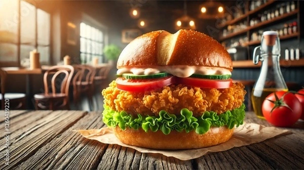 Fototapeta Crispy chicken burger with fresh lettuce, tomato, cucumber, and creamy sauce in a brioche bun, served on rustic wooden table in a cozy restaurant setting
