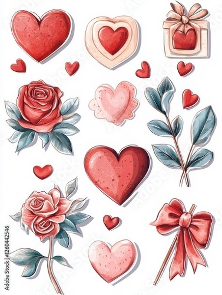 Fototapeta Romantic planner stickers. Love elements, hand drawn cute valentines. Scrapbooking design for diary or agenda, lovely card exact vector set