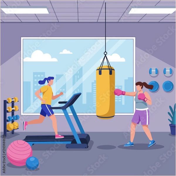 Fototapeta Women Exercising in Gym with Treadmill and Punching Bag Illustration