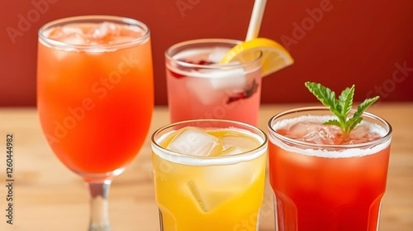 Fototapeta Group of three soft drinks in various glasses with garnish