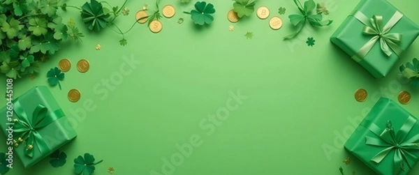 Fototapeta Festive green background with shamrocks, gold coins, and sparkling details, St. Patrick’s Day celebration theme  