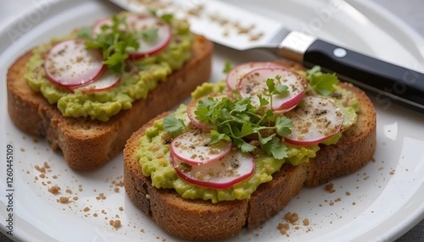 Fototapeta Fresh avocado toast with sliced radish and microgreens on whole grain bread, healthy vegetarian breakfast concept