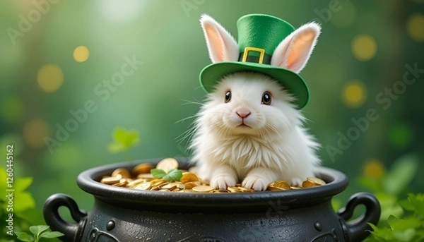 Fototapeta Cute white rabbit in a black pot filled with gold coins, wearing a leprechaun hat, St. Patrick’s Day theme  