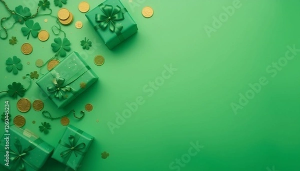 Fototapeta St. Patrick’s Day themed gift boxes with shamrocks and gold coins on a green background