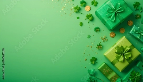 Fototapeta Festive St. Patrick’s Day background with scattered gold glitter, shamrocks, and coins on vibrant green  