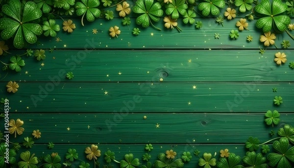 Fototapeta Rustic green wooden background with shamrocks and gold details, St. Patrick’s Day festive backdrop  