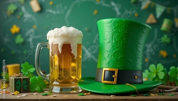 Fototapeta Glass mug of frothy green beer with a leprechaun hat, St. Patrick’s Day pub celebration theme  