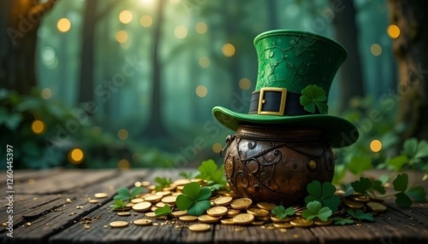 Fototapeta Green leprechaun hat and pot of gold on a forest floor, magical St. Patrick’s Day folklore scene  