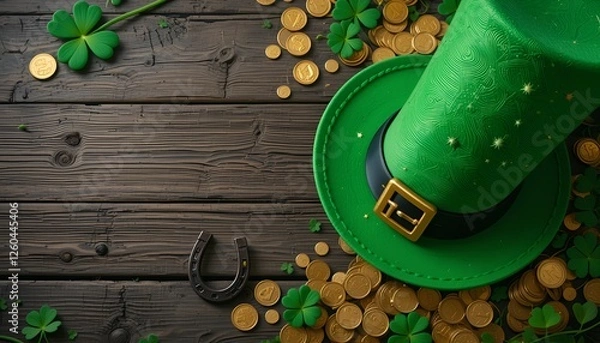 Fototapeta Leprechaun hat with scattered gold coins on rustic wooden background, St. Patrick’s Day festive decor  