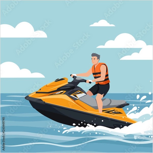 Fototapeta Man Riding Jet Ski on Water with Life Jacket and Clouds