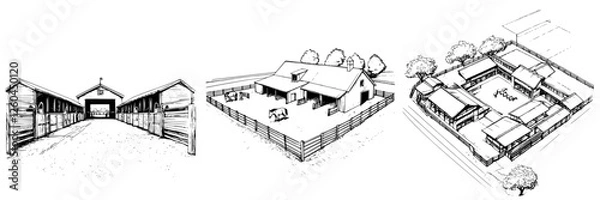 Fototapeta Farm layout showcasing multiple barns, a main farmhouse, and an enclosed area for livestock in a rural setting