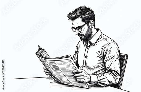 Fototapeta Man reading newspaper at table, black and white sketch.