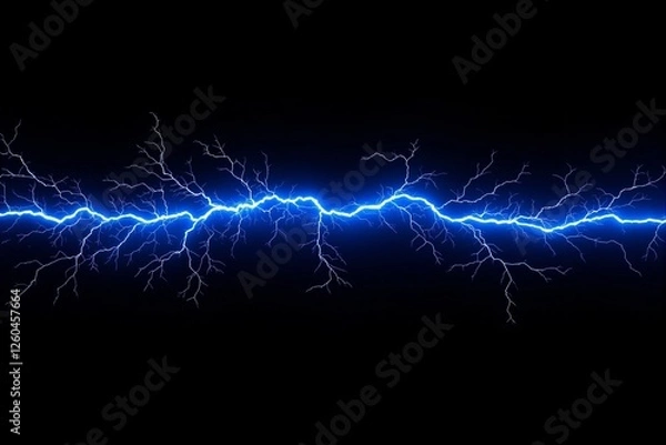 Fototapeta Glowing blue lightning bolt with intricate branching tendrils on a dark background, creating a powerful energy effect. Concept of electricity and power. Ai generative