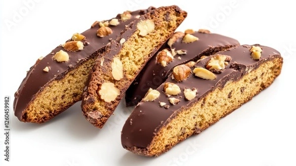 Fototapeta Chocolate-dipped biscotti with nuts on a white background, a crunchy snack