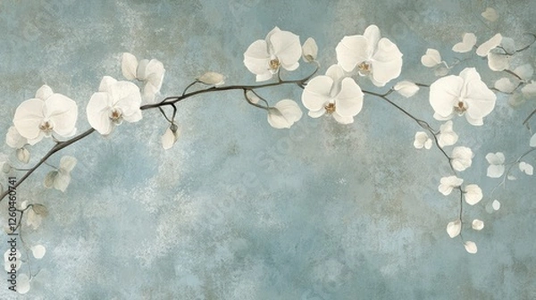 Fototapeta Floral background with orchids and ivory leaves on soft paper