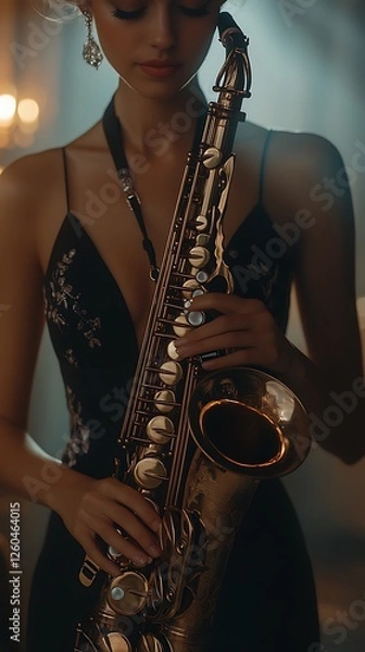 Obraz Elegant woman playing saxophone in dimly lit studio