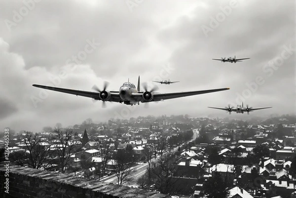 Fototapeta Vintage military aircraft soaring above a snow-covered town with an overcast sky in the background. A dramatic war-themed concept. Ai generative