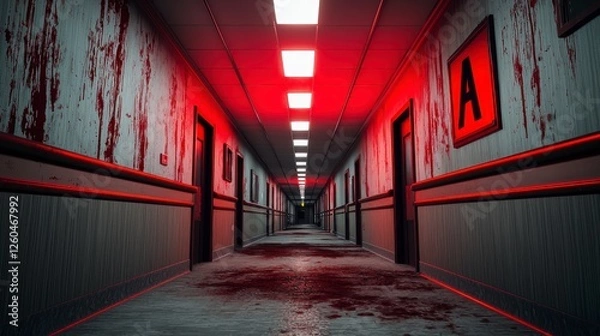 Obraz Creepy dimly lit hotel corridor with blood splatter and ominous red lighting in unsettling horror atmosphere
