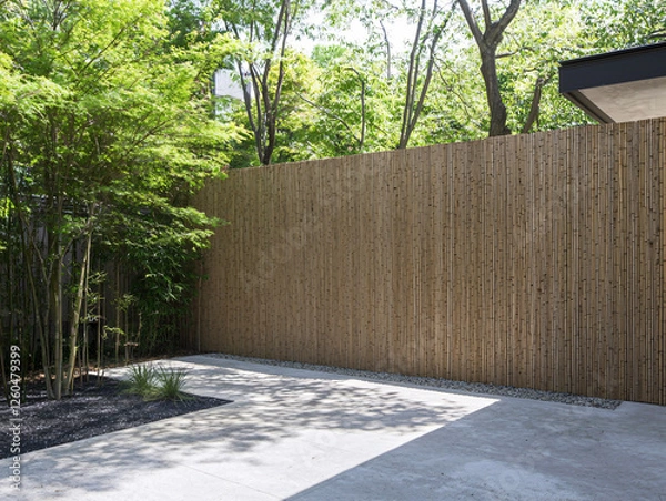 Obraz serene outdoor space featuring bamboo wall for privacy, surrounded by lush greenery and minimalist concrete floor. This tranquil setting invites relaxation and peace