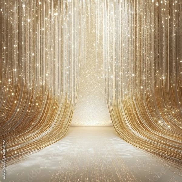 Fototapeta Golden and white background, party event backdrop with sparkle and glitters, decorative stage light from the floor, golden or white shades, hyper-realistic.