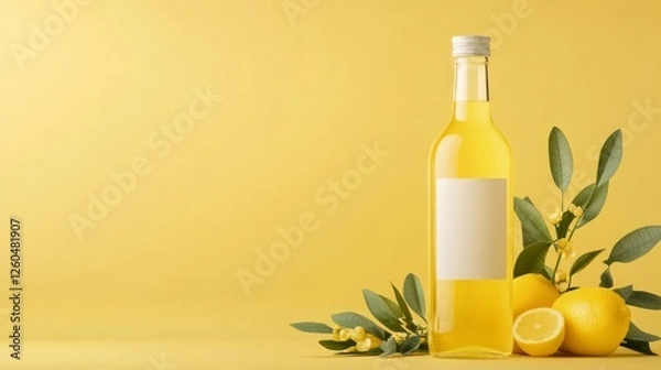 Fototapeta Mockup Bottle of limoncello with white label, lemons nearby on yellow background, copy space for text. Concept traditional Italian lemon liqueur, drinks, social media, advertising photo