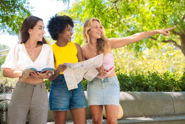 Fototapeta Three cheerful young women stand outdoors, holding maps and a travel guide while pointing at something. They smile excitedly, enjoying their adventure in a sunny urban setting with trees and buildings