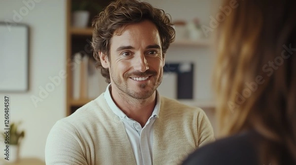 Fototapeta Excited female student celebrating a job offer or successful exam result, with a minimalist design featuring a soft background and neutral tones to emphasize the joyful moment.