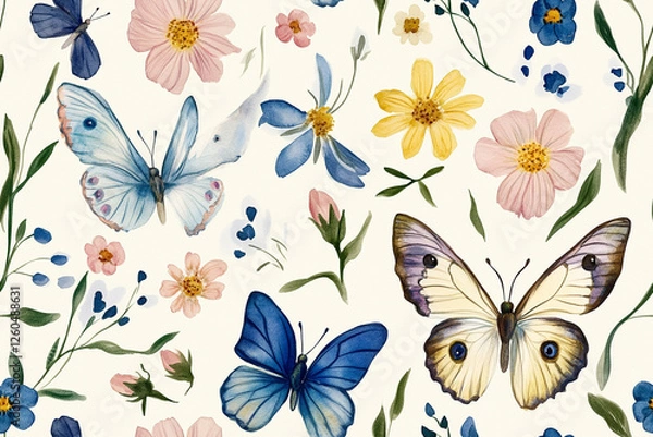 Obraz Butterfly and flower pattern in watercolor technique, creating a romantic style, textures, patterns