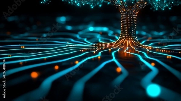 Obraz Digital tree network, glowing roots, dark background, data visualization, tech concept